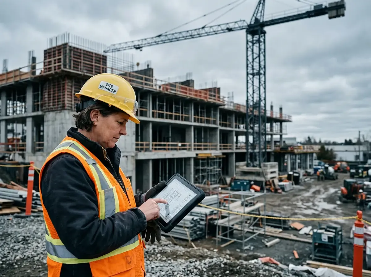 Bauleiter mit Helm und Warnweste prüft Pläne auf einem Tablet auf der Baustelle