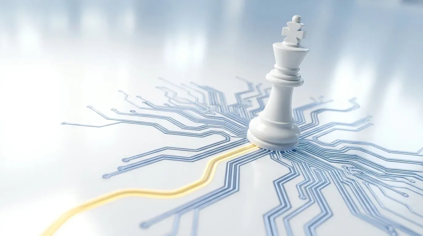 AI First im Mittelstand: Schachfigur auf Schaltkreis-Muster als Strategiemetapher