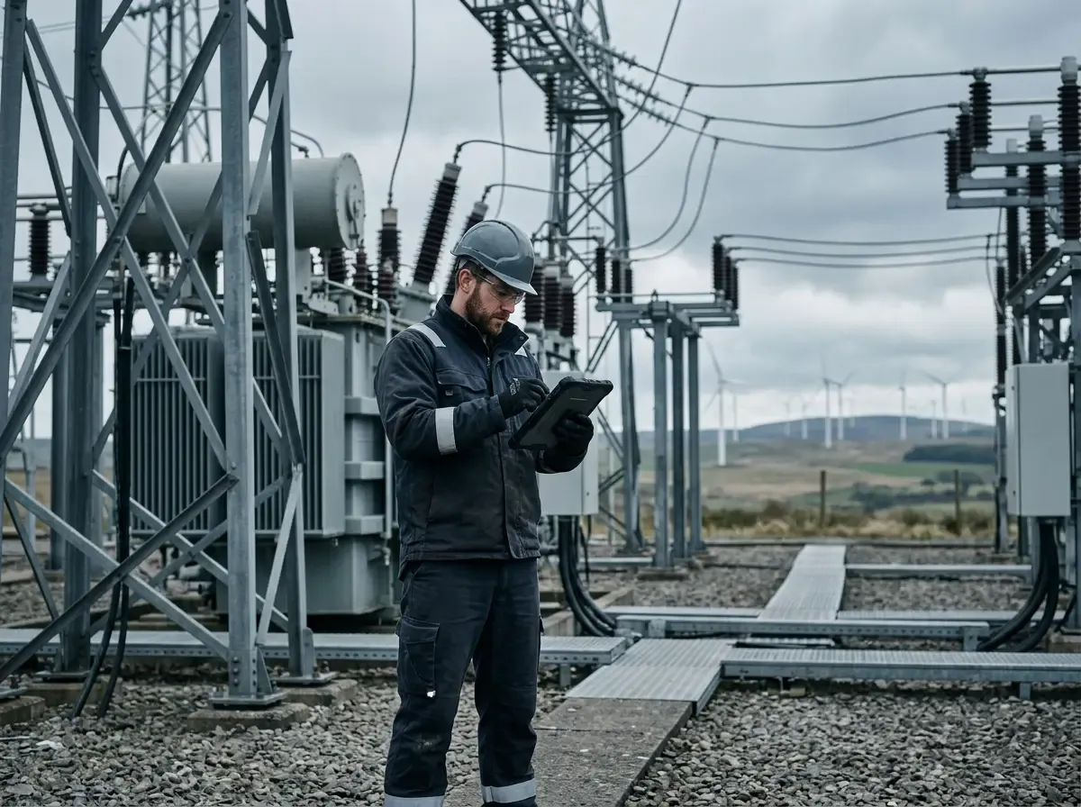 Techniker eines Energieversorgers mit Tablet an einem Umspannwerk, Windräder im Hintergrund