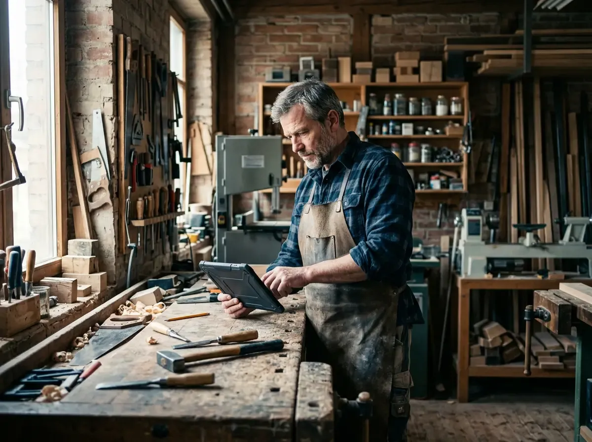 Handwerker prüft ein Tablet an der Werkbank seiner Werkstatt