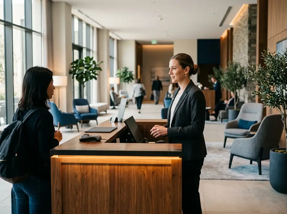 Gastgeberin hinter dem Empfangstresen einer modernen Hotellobby