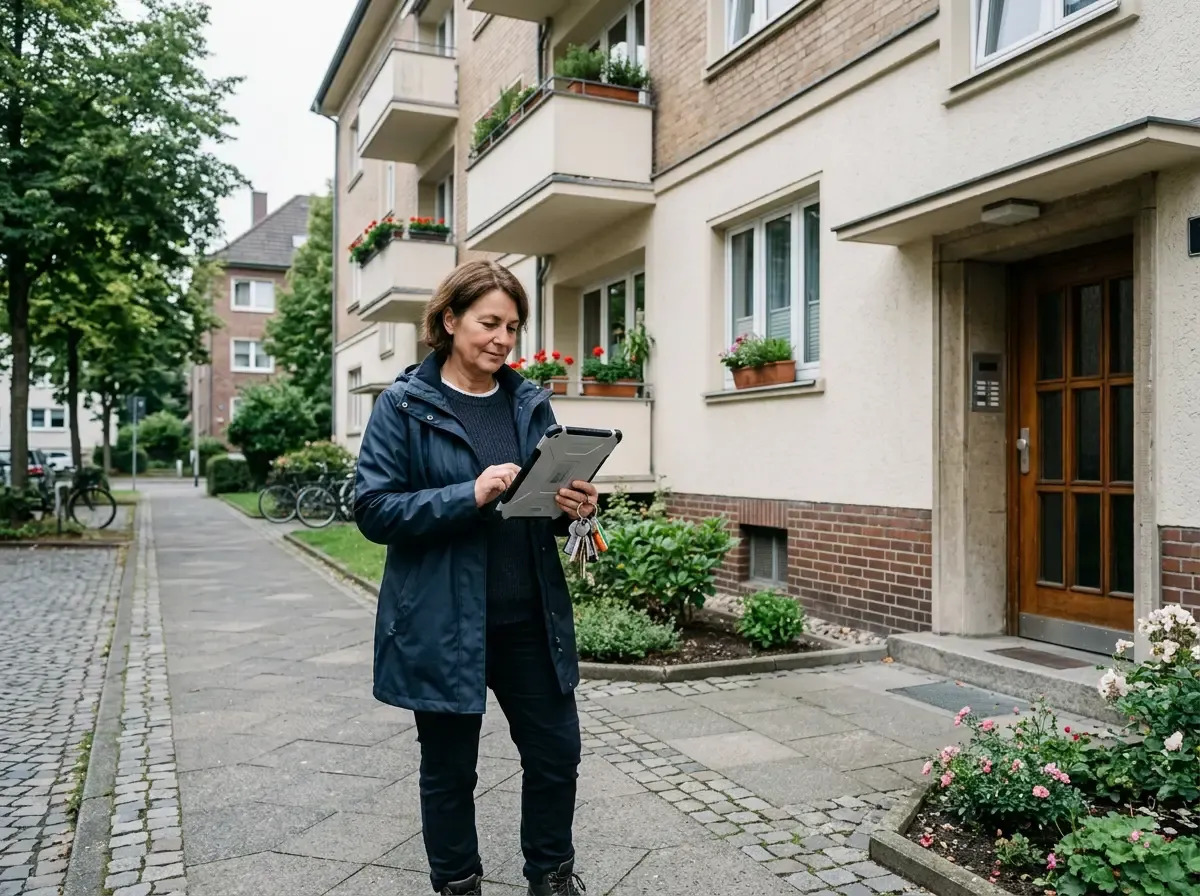 Hausverwalter mit Tablet und Schlüsseln vor einem gepflegten Mehrfamilienhaus