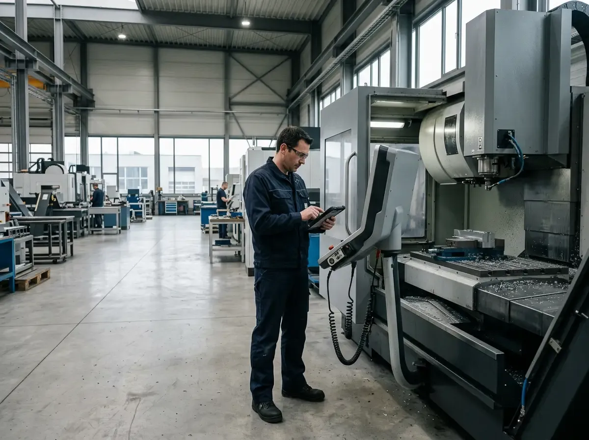 Ingenieur prüft mit Tablet eine CNC-Fräsmaschine in einer Maschinenhalle