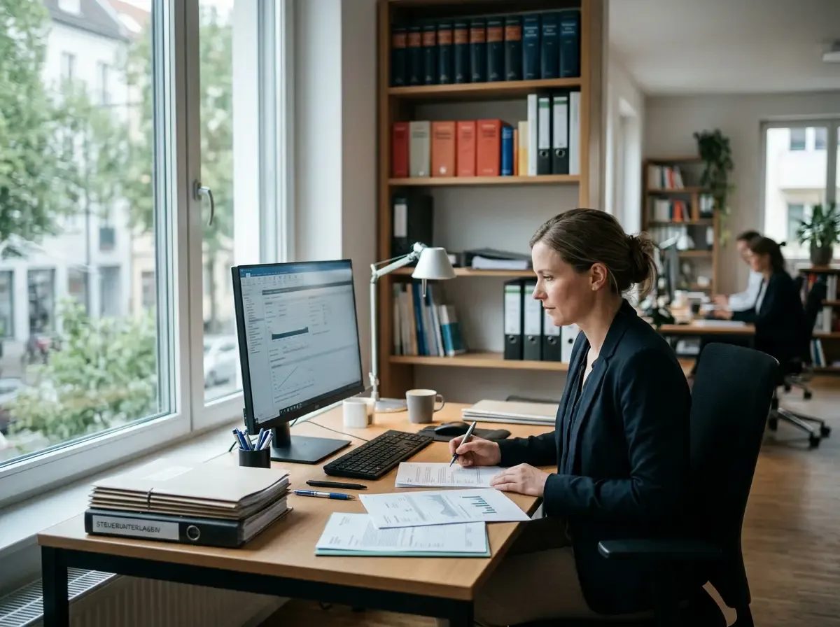 Steuerberater arbeitet am aufgeräumten Schreibtisch mit Monitor und Unterlagen